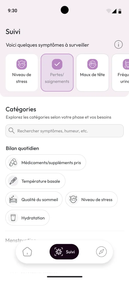 Le suivi des symptômes dans l’application Elle Santé